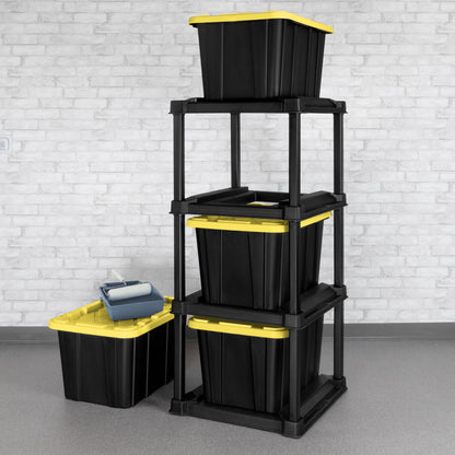 4 Tier Tote Rack, Holds Four 27 Gallon Industrial Storage Totes, Heavy Duty Plastic Garage Storage Organizer, Vertical Easy-Access No-Stacking Design, Black