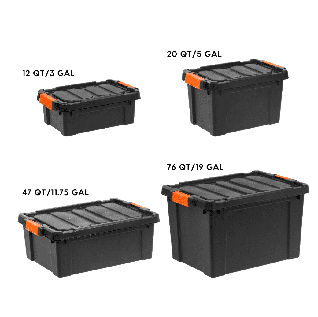 IRIS 5 Gallon Black Plastic Latching Storage Bin with Lid Tote, Plastic Storage Container with Lid, 4-Pack