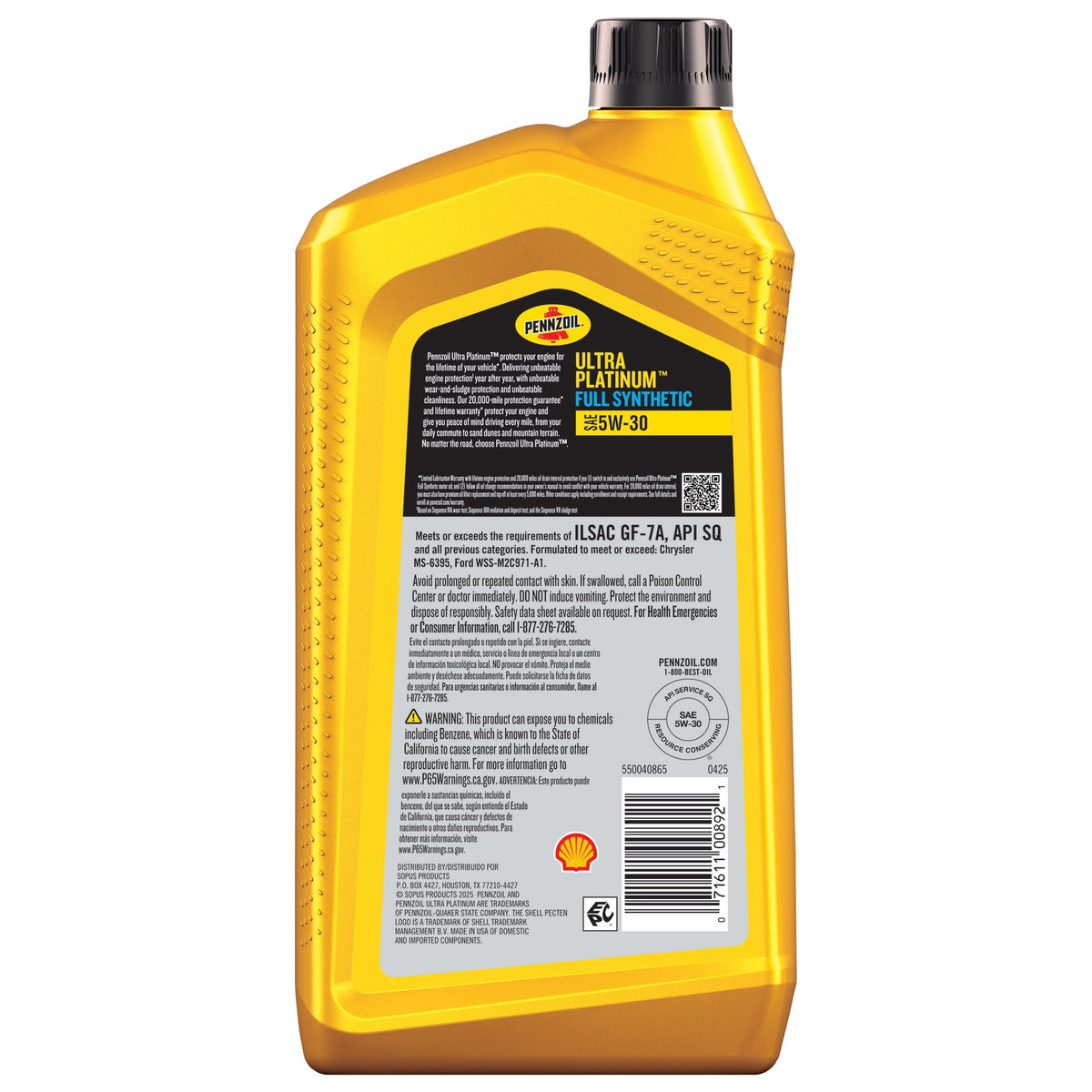 (4 pack) Pennzoil Ultra Platinum Full Synthetic 5W-30 Motor Oil, 1 Quart