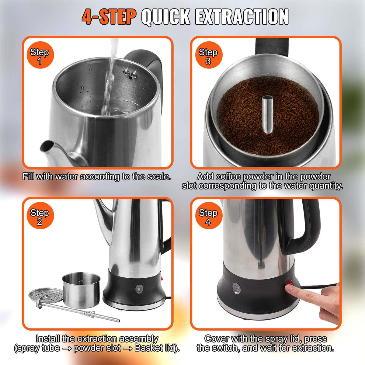 KFFKFF 12-Cup Electric Percolator Coffee Pot Stainless Steel Coffee Maker Silver