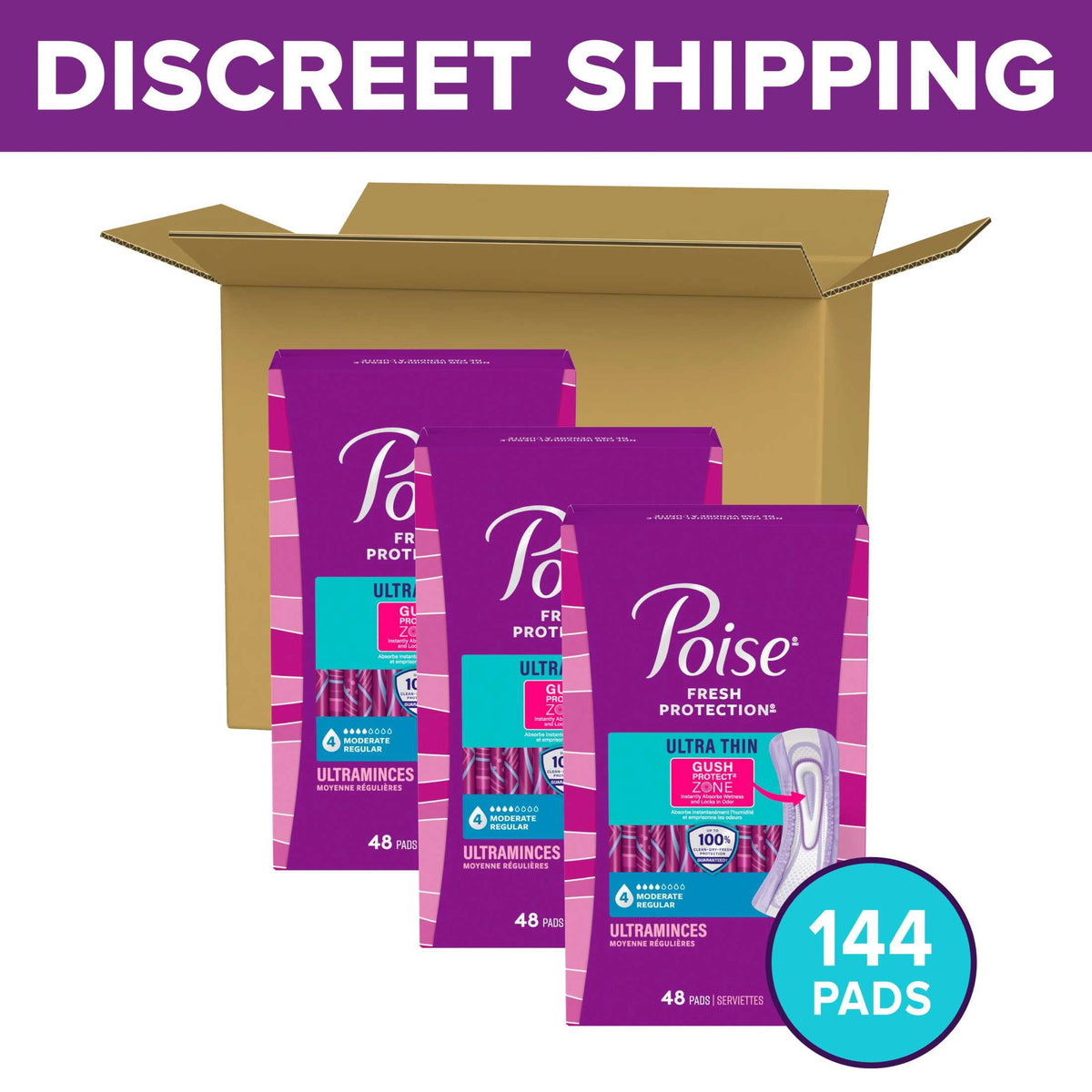 Poise Ultra Thin Incontinence Pads, 4 Drop Moderate Absorbency, Regular Length, 144 Count