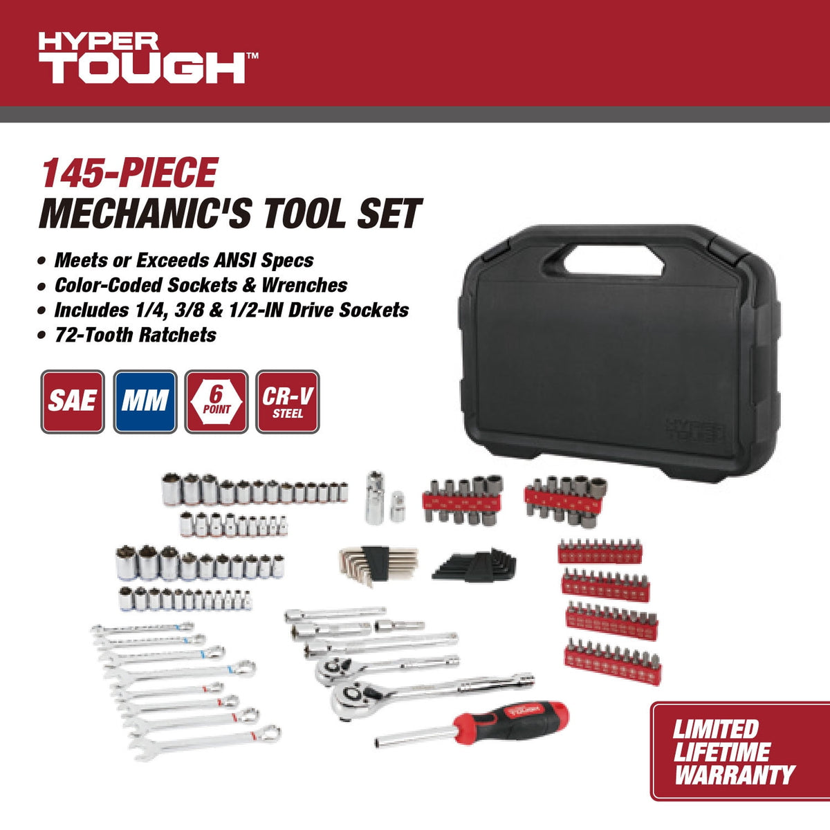 Hyper Tough 145-Piece Mechanics Tool Set, 1/4, 3/8 & 1/2-inch Drive (SAE & mm)