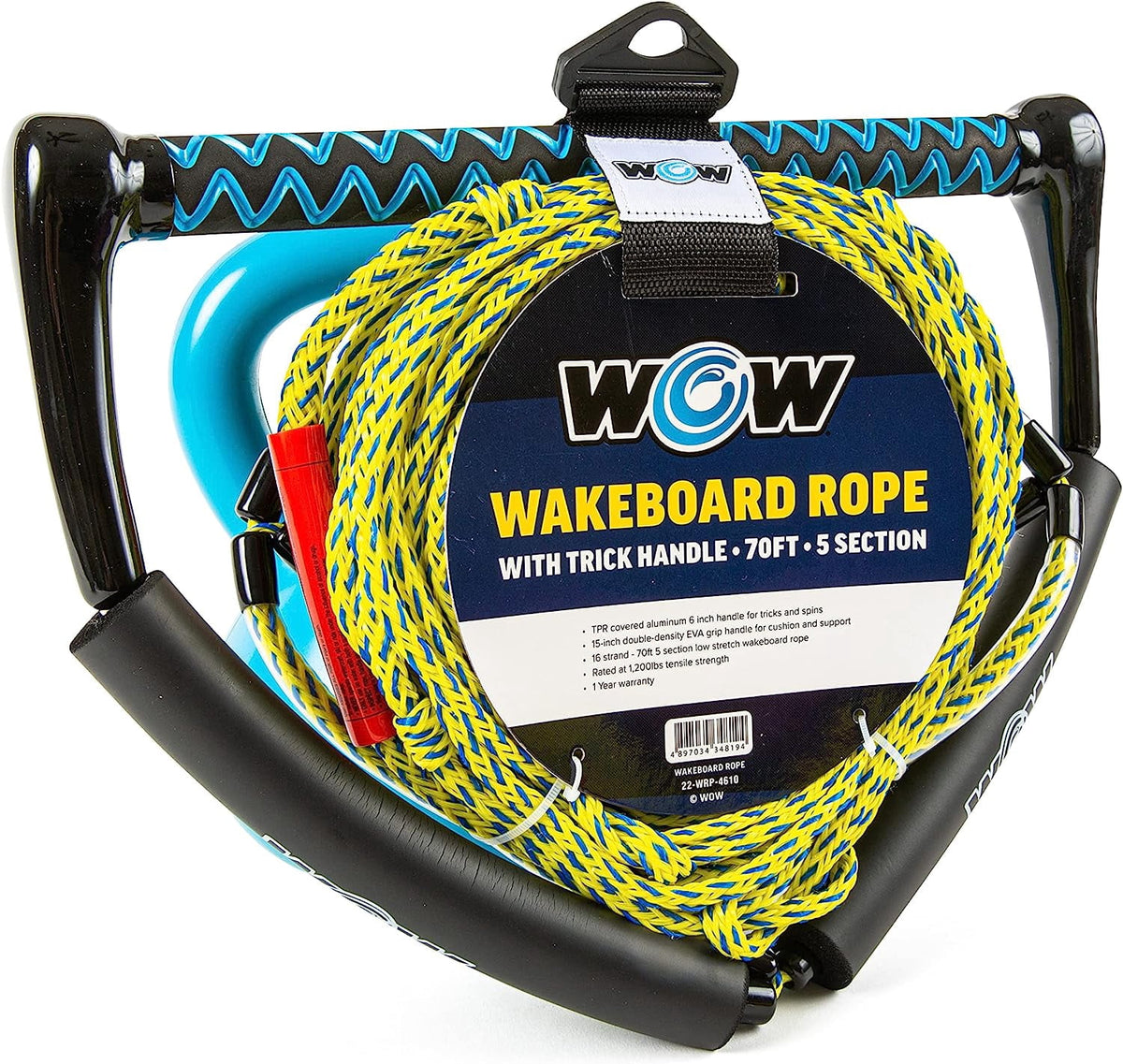 WOW Sports 70' Tow Rope for Wakeboard and Watersports, 70' Rope with Trick Handle, 1 Pack