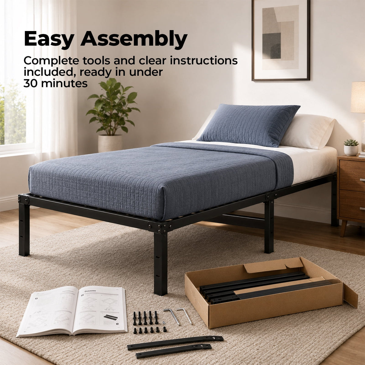 Alvantor Metal Bed Frame 16 Inch Tall, Heavy Duty Sturdy Mattress Foundation, No Box Spring Needed, Easy to Assemble, Under-bed Storage Space, Black
