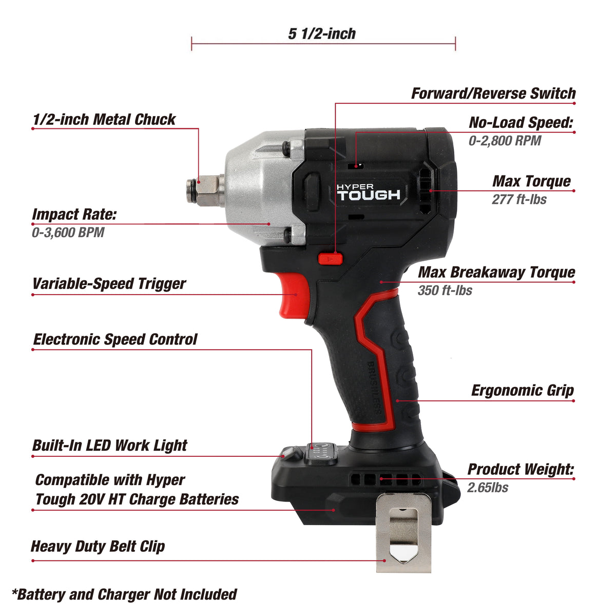 Hyper Tough 20V Max Brushless 1/2 in Cordless Impact Wrench, 350 ft-lbs, Tool Only