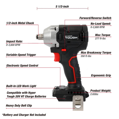 Hyper Tough 20V Max Brushless 1/2 in Cordless Impact Wrench, 350 ft-lbs, Tool Only