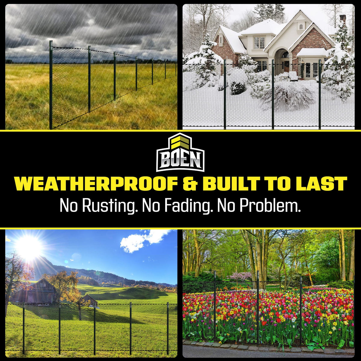 Boen - Plastic Hex Chicken Wire Mesh Temporary Fence Roll (4' x 75' - Black) - Plastic Fence Poultry Netting for Temporary or Semi Permanent Enclosures, Deer Netting Fence, Construction Fencing