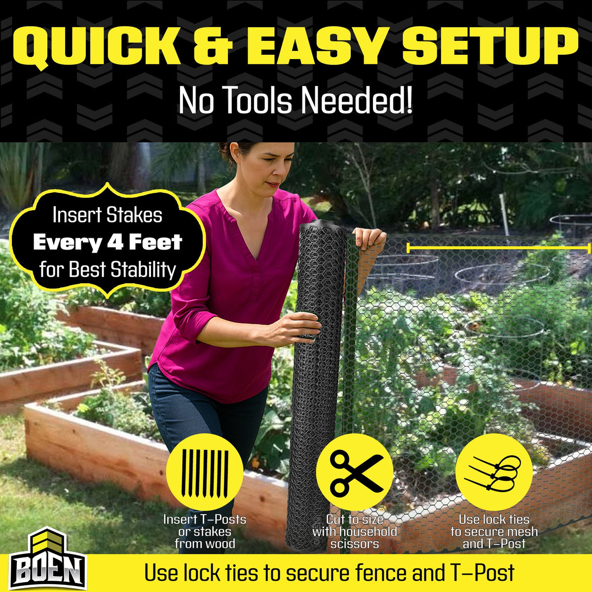 Boen - Plastic Hex Chicken Wire Mesh Temporary Fence Roll (4' x 75' - Black) - Plastic Fence Poultry Netting for Temporary or Semi Permanent Enclosures, Deer Netting Fence, Construction Fencing
