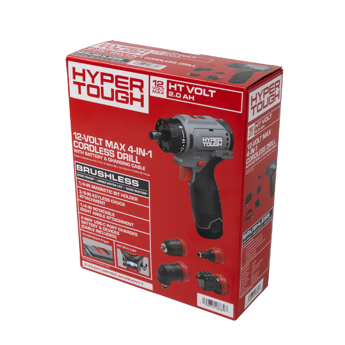 Hyper Tough 12V Max Lithium-Ion 4-in-1 Multi-Head Cordless Power Drill with 2.0Ah Battery and USB-C Charging Cable