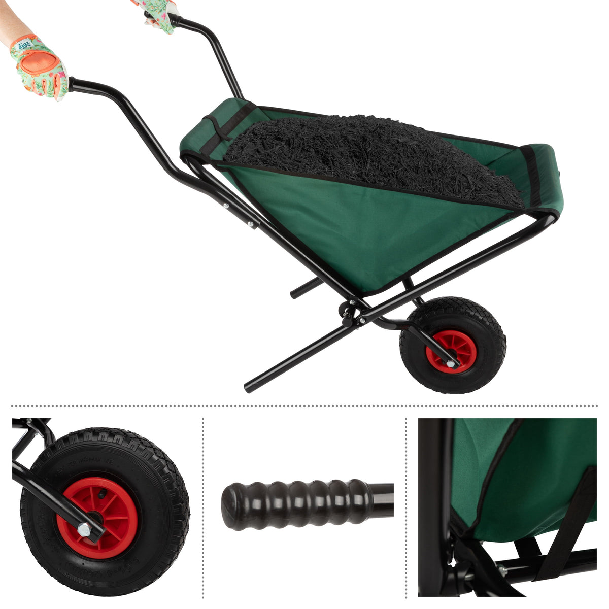 Pure Garden Folding Wheelbarrow with 80lb Capacity and Storage Pouches