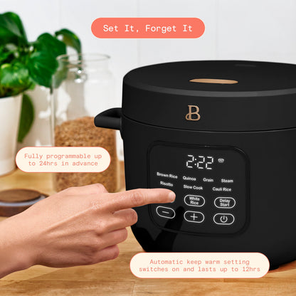 Beautiful 14-Cup Cooked, 6-Cups Uncooked Electric Rice and Grain Cooker, EverGood Ceramic Nonstick Coating, Black Sesame by Drew Barrymore
