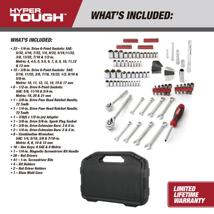 Hyper Tough 145-Piece Mechanics Tool Set, 1/4, 3/8 & 1/2-inch Drive (SAE & mm)