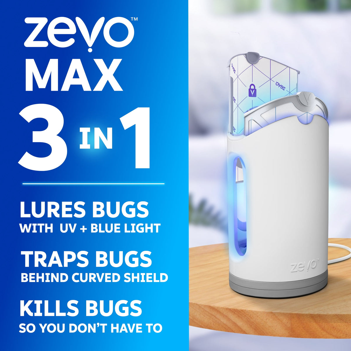 Zevo Max Flying Insect Indoor Fly Trap: Easy, Mess-Free Solution - Light Trap Catches & Kills House Flies, Fruit Flies, Gnats, & More (1 Plug in Device & 2 Cartridges)