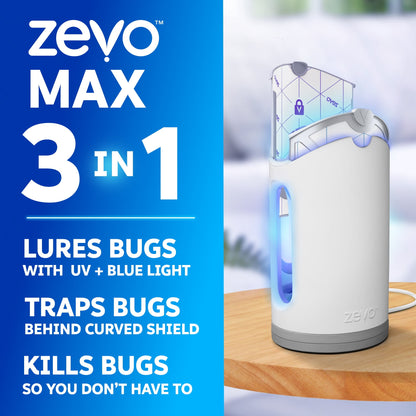 Zevo Max Flying Insect Indoor Fly Trap: Easy, Mess-Free Solution - Light Trap Catches & Kills House Flies, Fruit Flies, Gnats, & More (1 Plug in Device & 2 Cartridges)