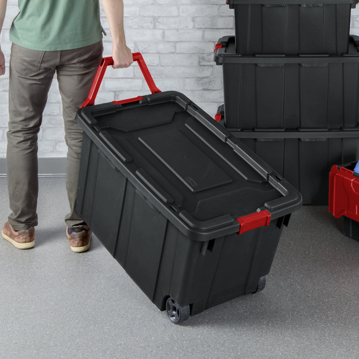 Sterilite Extra-Large Wheeled Industrial Storage Bin, 40 Gallon Durable Plastic Storage Tote with Latching Lid and Pull Handle, Black, 2 Pack