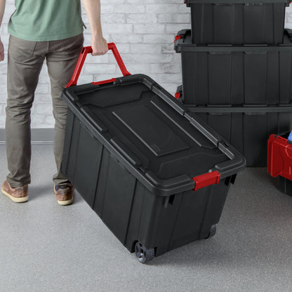 Sterilite Extra-Large Wheeled Industrial Storage Bin, 40 Gallon Durable Plastic Storage Tote with Latching Lid and Pull Handle, Black, 2 Pack