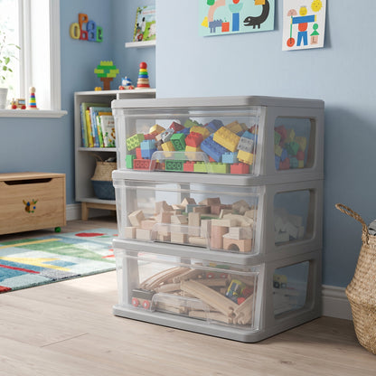 Starplast 3-Drawer Organization Tower Wide Storage Cart, Silver Plastic