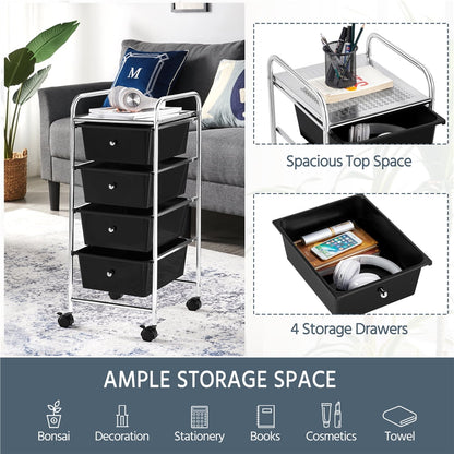 Renwick Rolling Trolley Storage Cart Bin with 4 Plastic Drawers on Wheels, Black