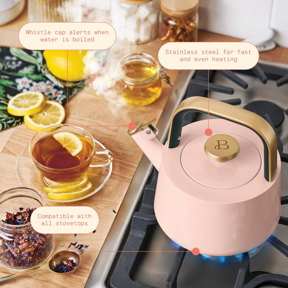 Beautiful by Drew Barrymore 1.8 L Ceramic-Coated Stovetop Tea Kettle, Rose