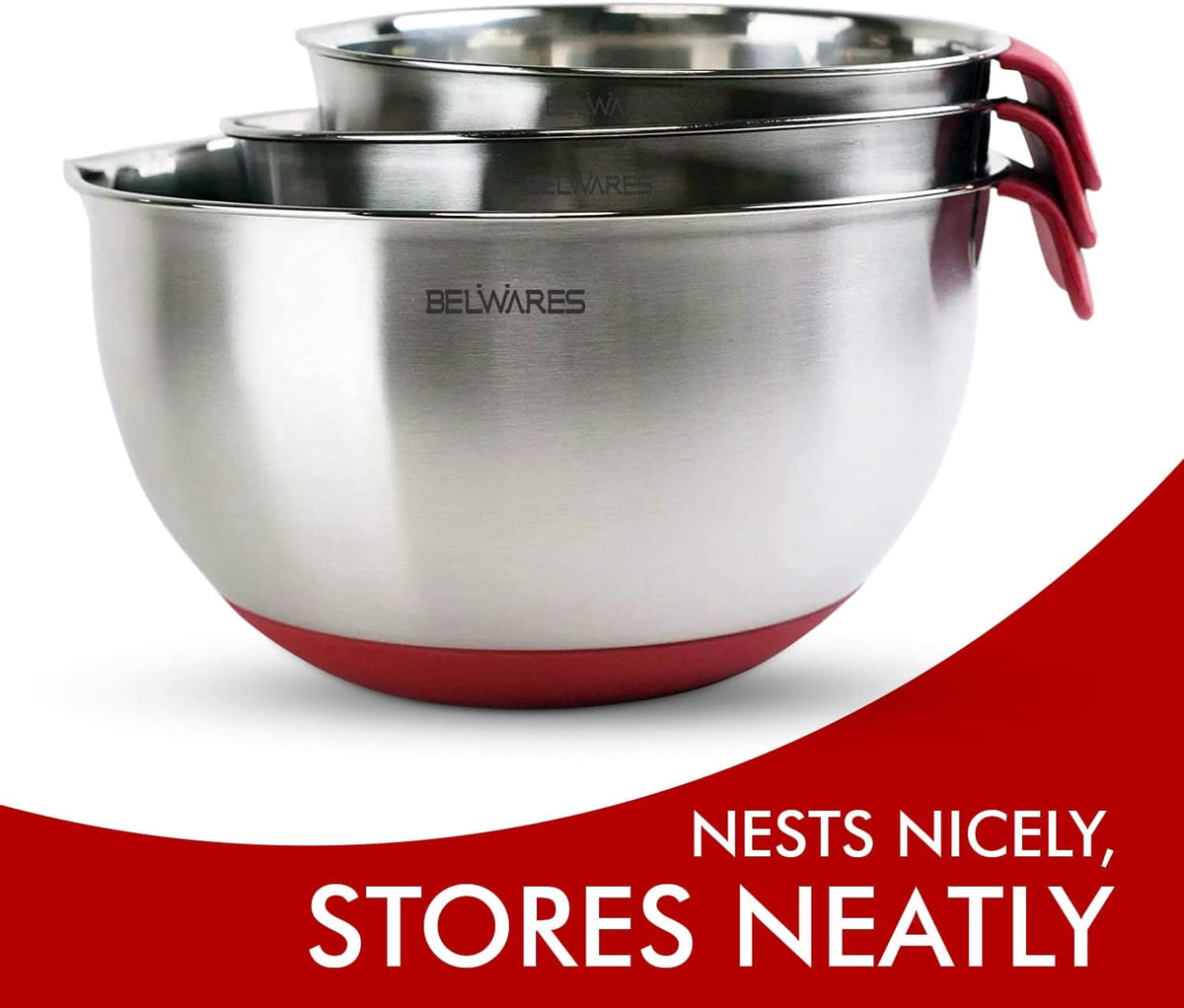 Mixing Bowls with Lids Set of 3, Stainless Steel Nesting Bowls with Red Airtight Lids, Graters, Non-Slip Base and Handles, Bowl Set for Prep, Mixing, and Food Storage