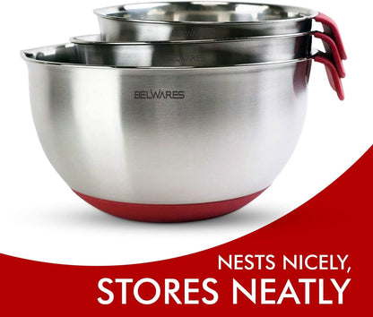 Mixing Bowls with Lids Set of 3, Stainless Steel Nesting Bowls with Red Airtight Lids, Graters, Non-Slip Base and Handles, Bowl Set for Prep, Mixing, and Food Storage