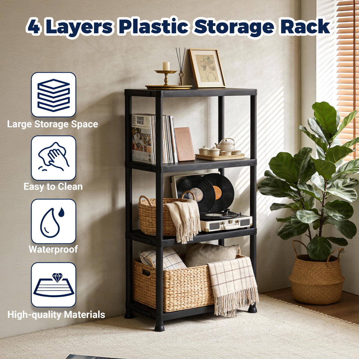 Plastic Shelves, 4-Shelf Storage rack, Multi-Purpose Storage Shelf, Plastic Storage Shelves for Storage Easy to Assemble for Garage Basement Kitchen Office Bedroom Bathroom