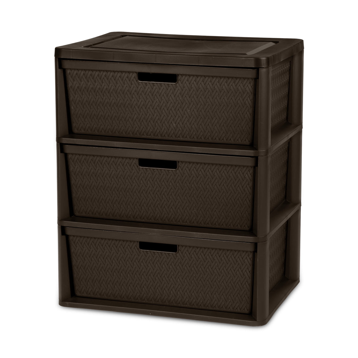 (2 pack) Sterilite Wide 3 Drawer Tower, Plastic Storage Organizer with Removable Decorative Bins, Easy Assembly, No Tools Needed, Brown
