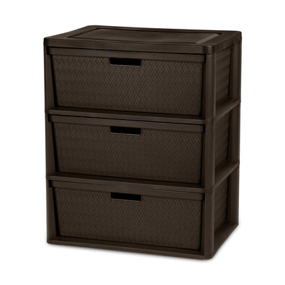 (2 pack) Sterilite Wide 3 Drawer Tower, Plastic Storage Organizer with Removable Decorative Bins, Easy Assembly, No Tools Needed, Brown