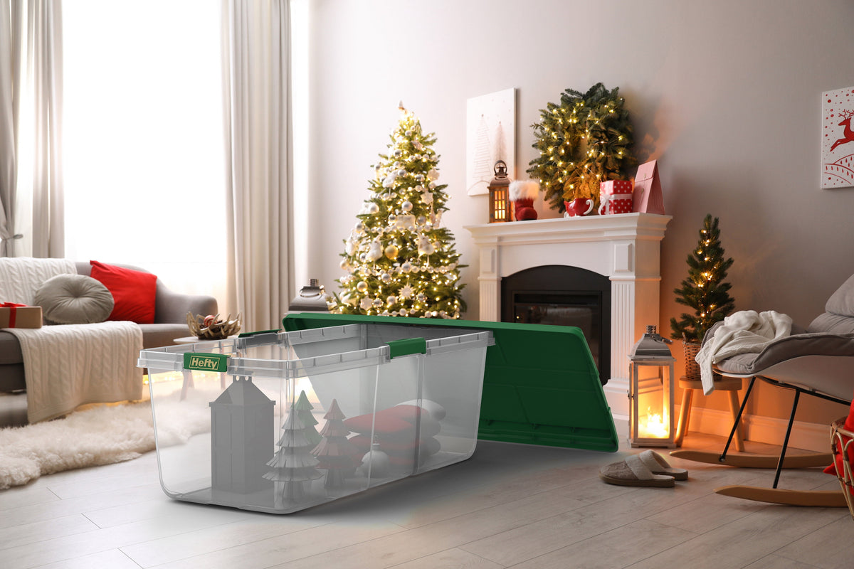 Hefty 113 Quart Clear Plastic Latched Christmas Storage Container, HIRISE Green Lid, Set of 4