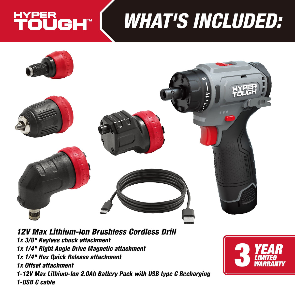 Hyper Tough 12V Max Lithium-Ion 4-in-1 Multi-Head Cordless Power Drill with 2.0Ah Battery and USB-C Charging Cable