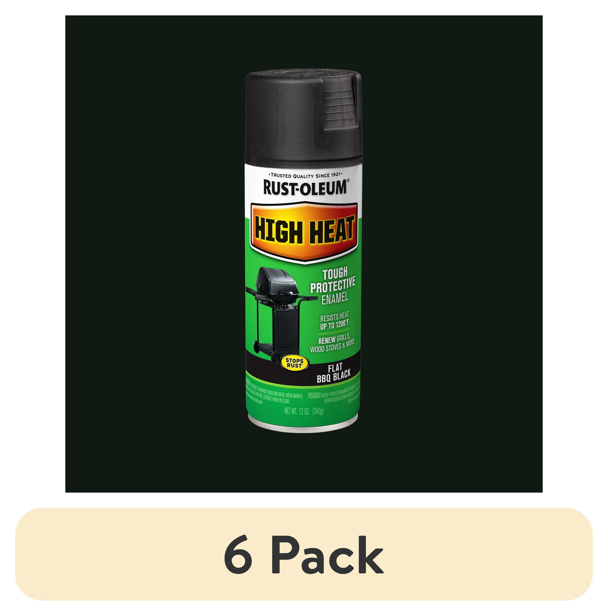 (6 pack) Bar-B-Que Black, Rust-Oleum High Heat Flat Spray Paint-7778830, 12 oz