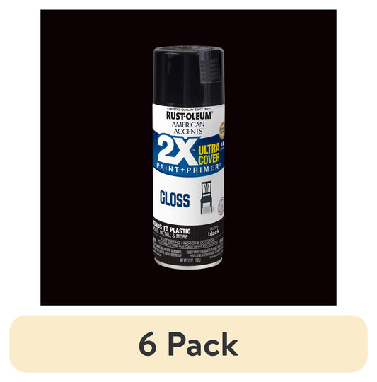 (6 pack) Black, Rust-Oleum American Accents 2X Ultra Cover Gloss Spray Paint-327870, 12 oz
