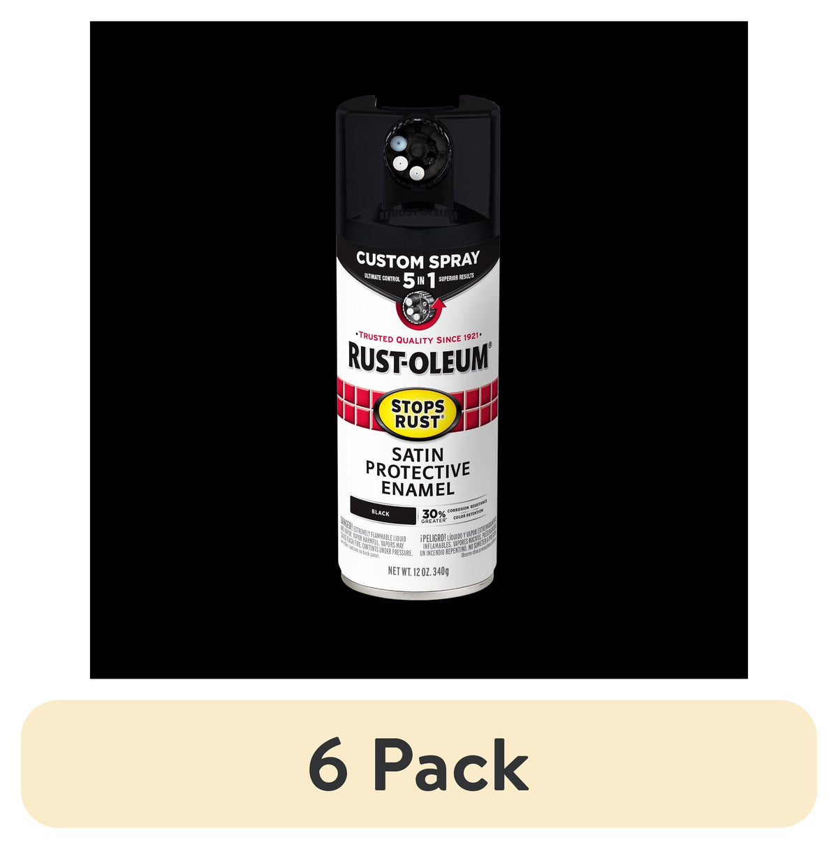 (6 pack) Black, Rust-Oleum Stops Rust Custom Sprays 5 in 1 Satin Spray Paint-376869, 12 oz