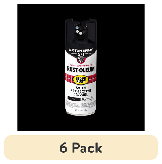 (6 pack) Black, Rust-Oleum Stops Rust Custom Sprays 5 in 1 Satin Spray Paint-376869, 12 oz