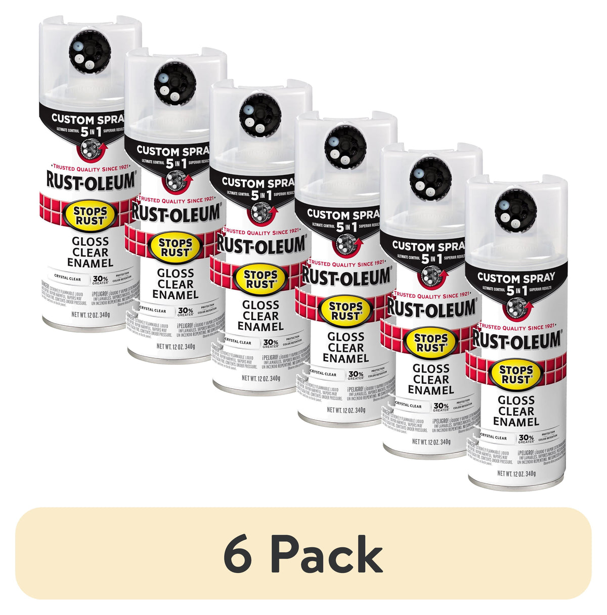 (6 pack) Clear, Rust-Oleum Stops Rust Custom Sprays 5 in 1 Gloss Spray Paint-376885, 12 oz
