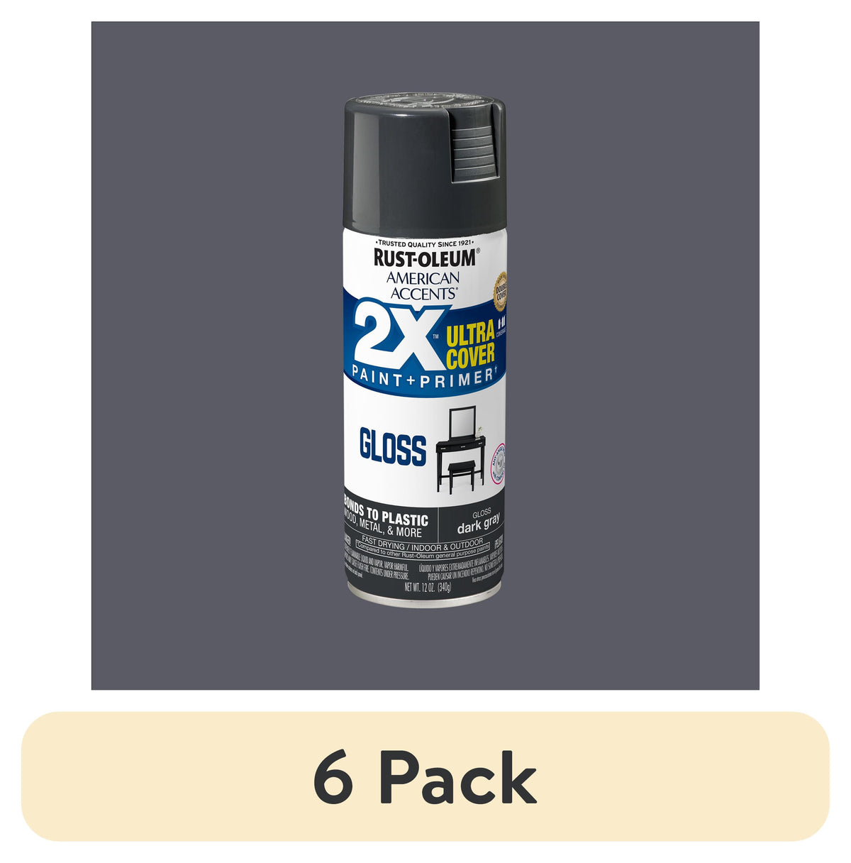 (6 pack) Dark Gray, Rust-Oleum American Accents 2X Ultra Cover Gloss Spray Paint-327886, 12 oz