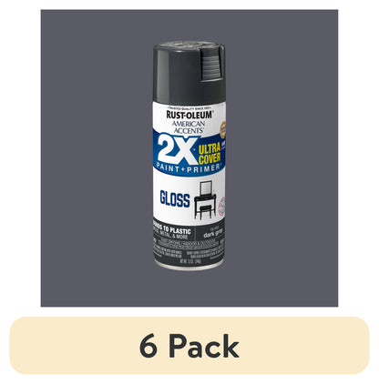 (6 pack) Dark Gray, Rust-Oleum American Accents 2X Ultra Cover Gloss Spray Paint-327886, 12 oz