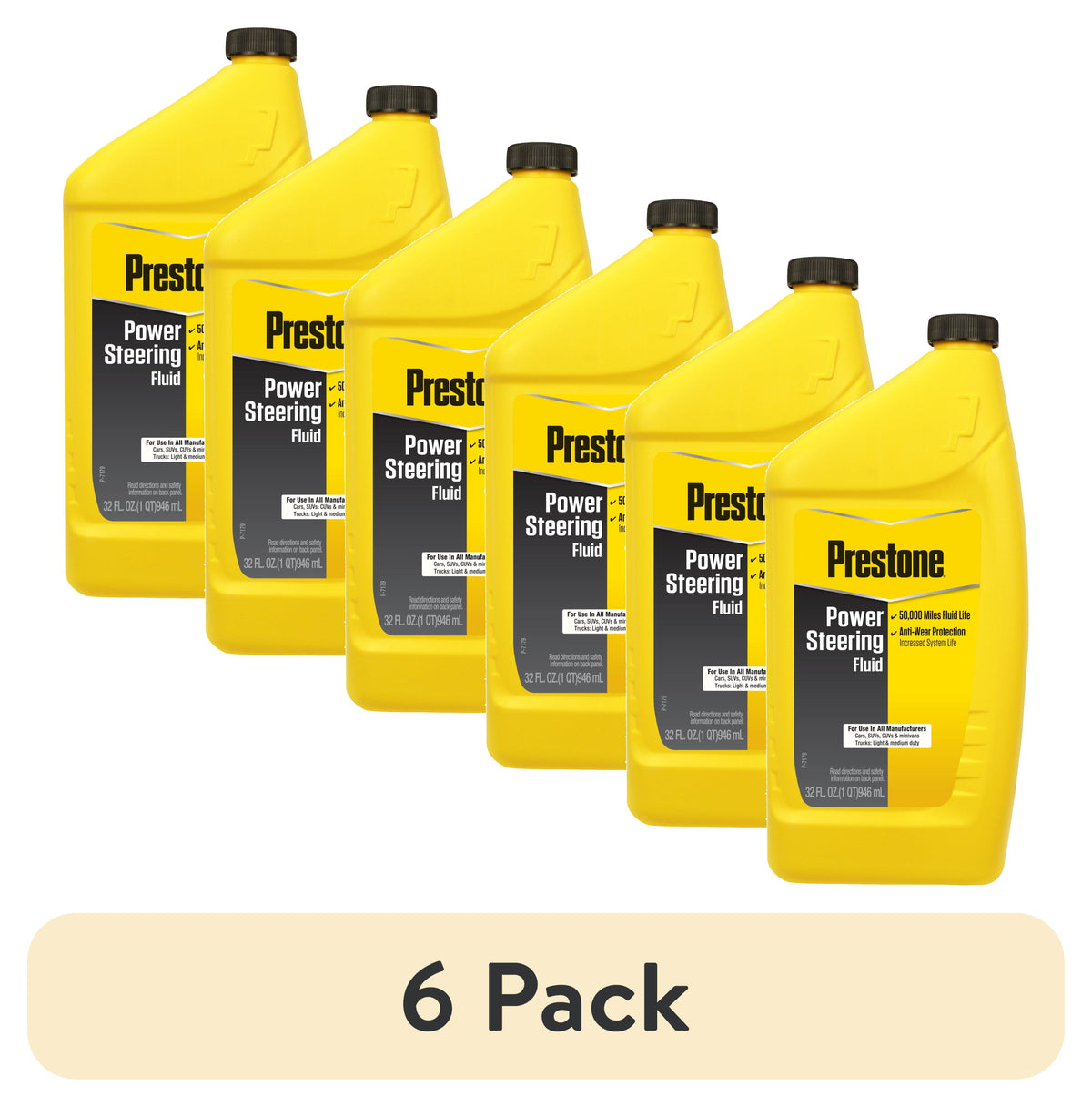 (6 pack) Prestone Power Universal Steering Fluid for Cars and Trucks - 32 fl oz - Anti-wear, 50,000 mile
