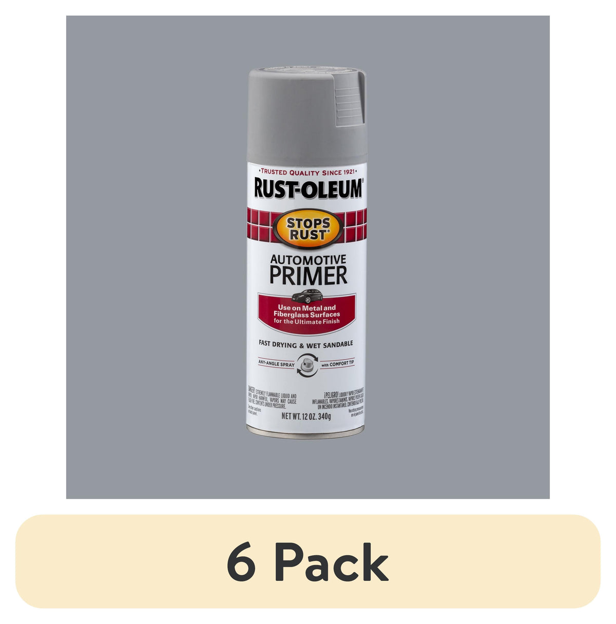 (6 pack) Light Gray, Rust-Oleum Stops Rust Automotive Primer Flat Spray Paint-2081830, 12 oz