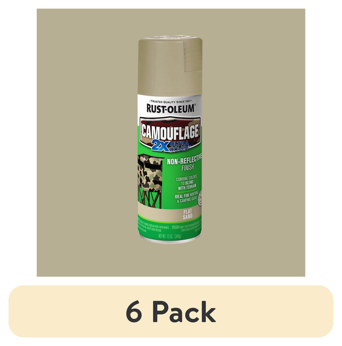 (6 pack) Sand, Rust-Oleum Camouflage 2X Ultra Cover Flat Spray Paint-339004, 12 oz