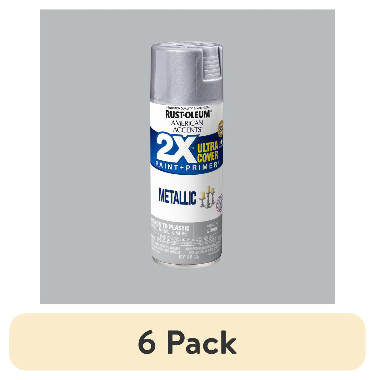 (6 pack) Silver, Rust-Oleum American Accents 2X Ultra Cover Metallic Spray Paint-327910, 12 oz