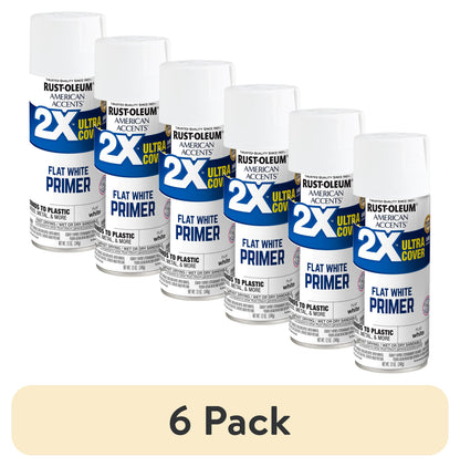 (6 pack) White Primer, Rust-Oleum American Accents 2X Ultra Cover Flat Spray Paint-327914, 12 oz