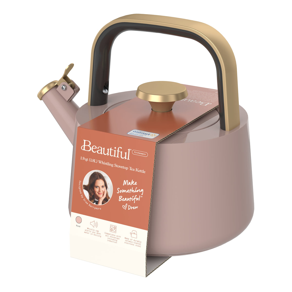 Beautiful by Drew Barrymore 1.8 L Ceramic-Coated Stovetop Tea Kettle, Rose