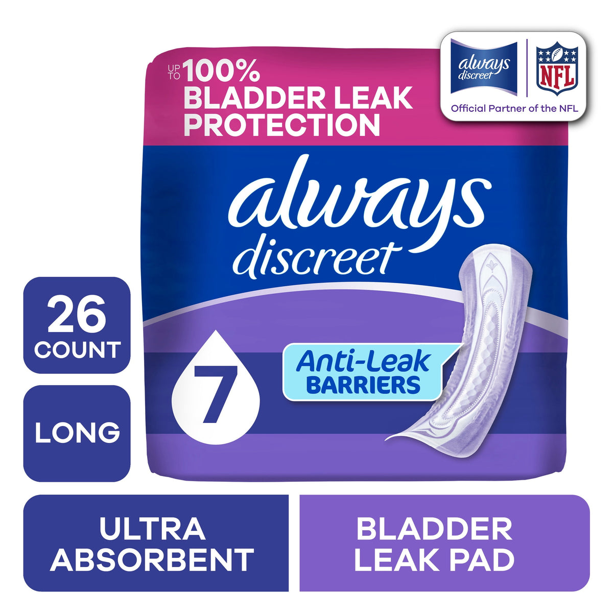 (2 pack) Always Discreet Adult Incontinence Pads for Women, Ultra Absorbent, Long Length, Postpartum Pads, 26 Count