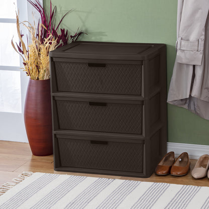 (2 pack) Sterilite Wide 3 Drawer Tower, Plastic Storage Organizer with Removable Decorative Bins, Easy Assembly, No Tools Needed, Brown