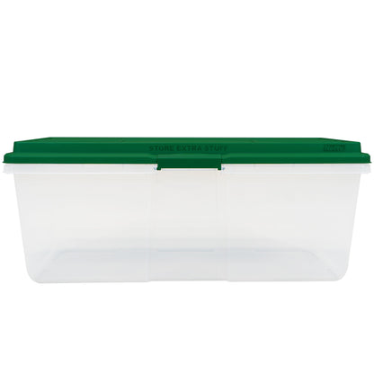 Hefty 113 Quart Clear Plastic Latched Christmas Storage Container, HIRISE Green Lid, Set of 4