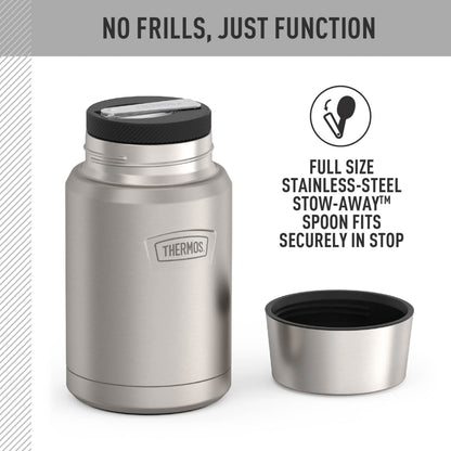 Thermos Vacuum Insulated Food Jar w/ Folding Spoon, 24oz, Matte Stainless, Well Suited to Hot or Cold Meals Away from Home, Made for Portable Food Storage