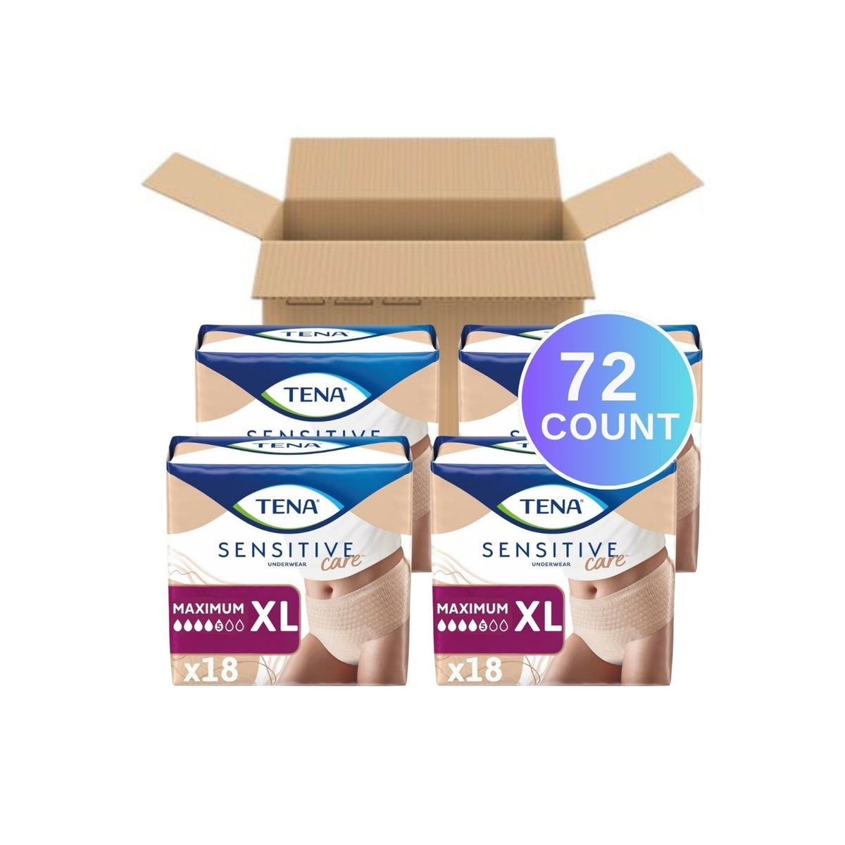 TENA Sensitive Care Underwear for Women Maximum, XL, 72 Count (Waist Size 45in-58in)