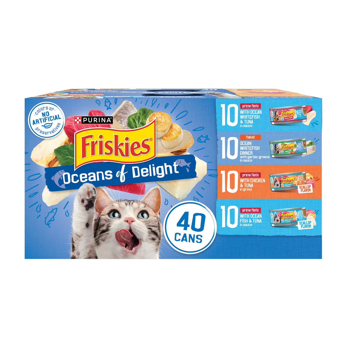 (2 pack) Purina Friskies Oceans of Delight Prime Filets & Flaked Wet Cat Food Variety Pack, 5.5 oz Cans (40 Pack)