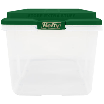 Hefty 113 Quart Clear Plastic Latched Christmas Storage Container, HIRISE Green Lid, Set of 4